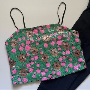 Topshop Green & Pink Floral Sequin cropped top size 8